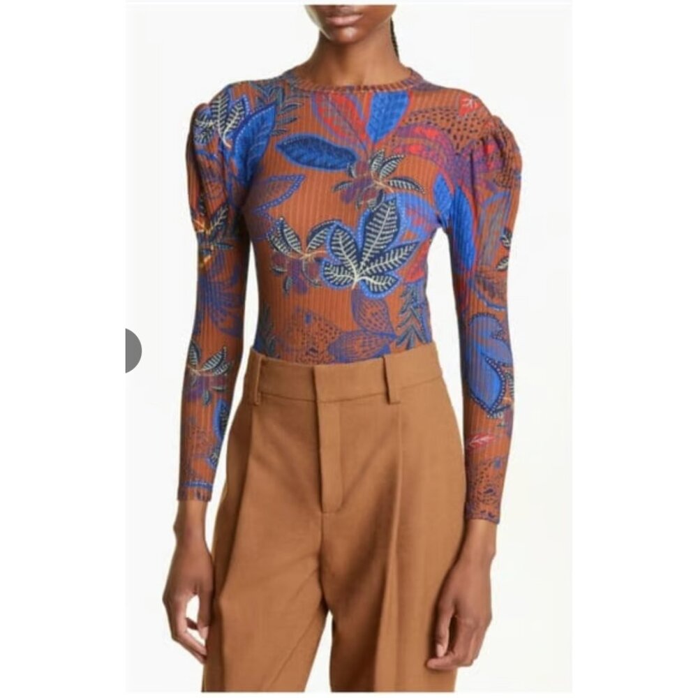 FARM Rio Rib Jungle Foliage Long Sleeve Stretch Organic Cotton Bodysuit (Size M)